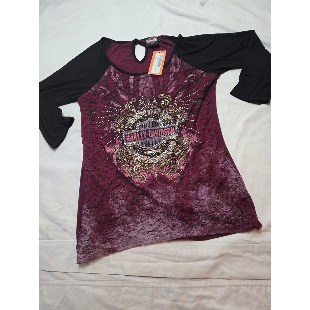 Harley-Davidson Womens Plum Lace Rhinestone Raglan Top 3/4 Sleeve HD105RRD L